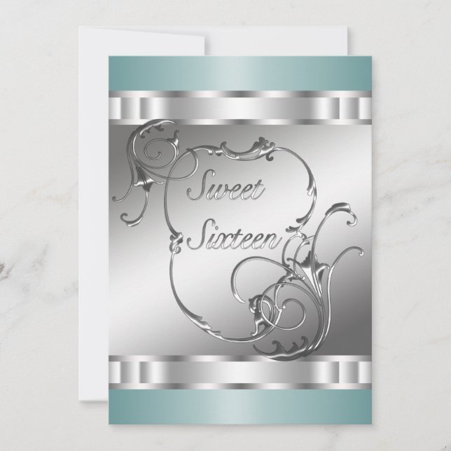 Invitación Fiesta de cumpleaños número 16 Teal Blue Silver (Anverso)