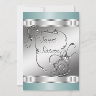 Invitación Fiesta de cumpleaños número 16 Teal Blue Silver