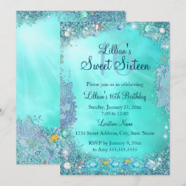 Invitación Fiesta de cumpleaños número 16 Teal Ocean Jewel 2