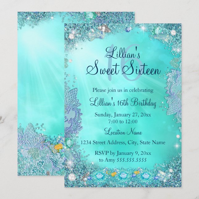 Invitación Fiesta de cumpleaños número 16 Teal Ocean Jewel 2 (Anverso / Reverso)