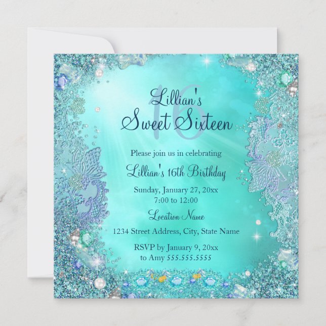 Invitación Fiesta de cumpleaños número 16 Teal Ocean Jewel 2 (Anverso)