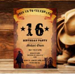 Invitación fiesta de cumpleaños número 16 vaquero montando ca