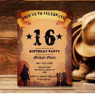 Invitación fiesta de cumpleaños número 16 vaquero montando ca