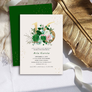 Invitación Fiesta de cumpleaños número 16 verde esmeralda núm