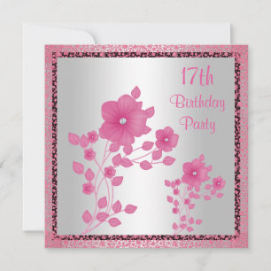 Invitación Fiesta de cumpleaños número 17 con flores rosadas 
