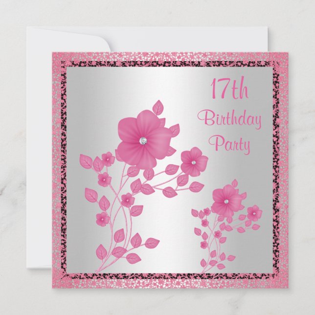 Invitación Fiesta de cumpleaños número 17 con flores rosadas  (Anverso)