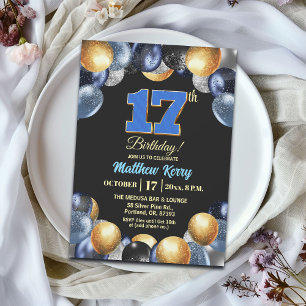 Invitación Fiesta de cumpleaños número 17 elegante azul plata