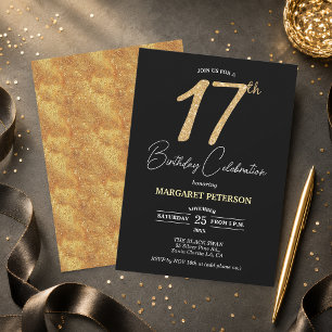 Invitación Fiesta de cumpleaños número 17 elegante negro dora