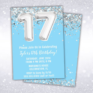 Invitación Fiesta de cumpleaños número 17 Light Blue Silver