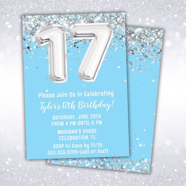 Invitación Fiesta de cumpleaños número 17 Light Blue Silver (Subido por el creador)
