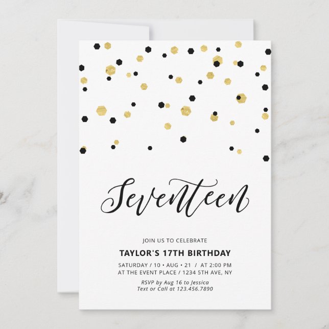 Invitación Fiesta de cumpleaños número 17 simple en negro y d (Anverso)