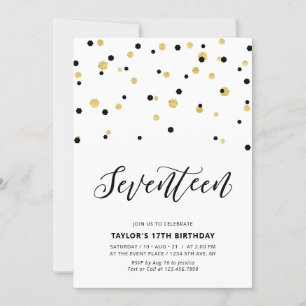 Invitación Fiesta de cumpleaños número 17 simple en negro y d