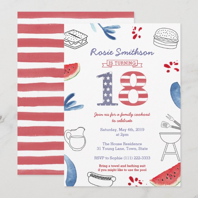 Invitación Fiesta de cumpleaños número 18, 4 de julio, Fiesta (Anverso / Reverso)