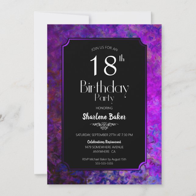 Invitación Fiesta de cumpleaños número 18 con borde morado el (Anverso)