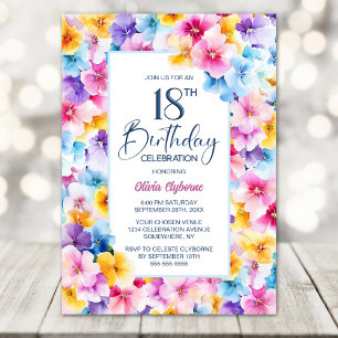 Invitación Fiesta de cumpleaños número 18 con flores rosas y 