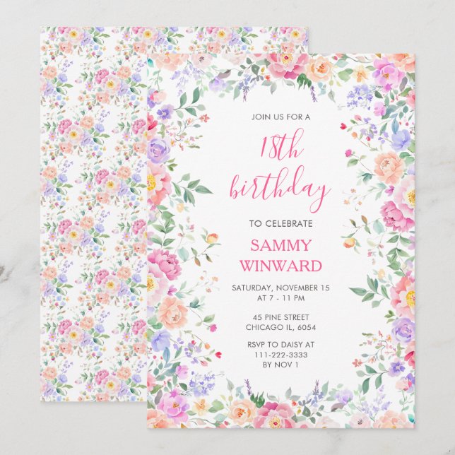 Invitación Fiesta de Cumpleaños Número 18 de Flores Silvestre (Anverso / Reverso)