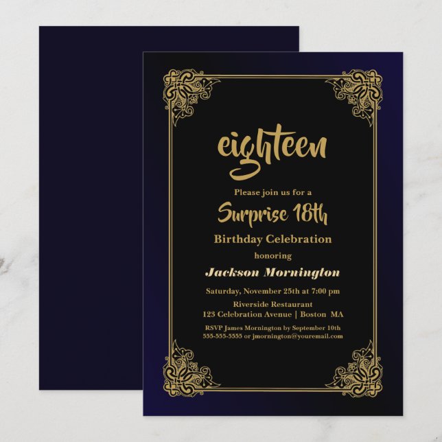 Invitación Fiesta de cumpleaños número 18 de la sorpresa azul (Anverso / Reverso)