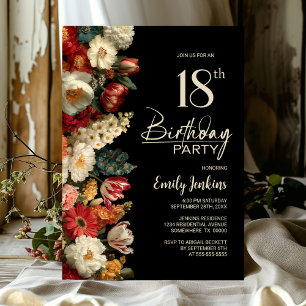 Invitación Fiesta de cumpleaños número 18 floral negra y vibr