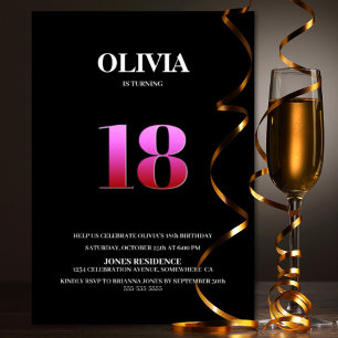 Invitación Fiesta de cumpleaños número 18 minimalista negro y