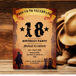 Invitación fiesta de cumpleaños número 18 vaquero papel antig
