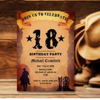 Invitación fiesta de cumpleaños número 18 vaquero papel antig