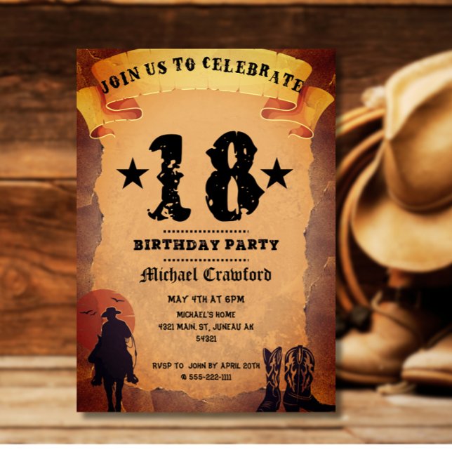 Invitación fiesta de cumpleaños número 18 vaquero papel antig (Subido por el creador)
