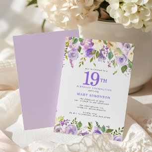 Invitación Fiesta de cumpleaños número 19 Pretty Purple Flora