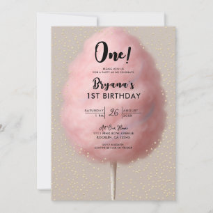 Invitación Fiesta de cumpleaños número 1 Algodón de azúcar ro