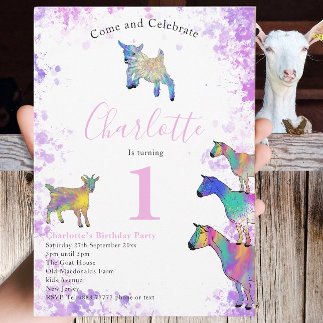 Invitación Fiesta de cumpleaños número 1 Arte adorable de cab (Cute goats farm animal art watercolor 1st birthday party invitation pink purple blue and green)
