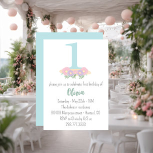 Invitación Fiesta de cumpleaños número 1 azul floral y rosa p