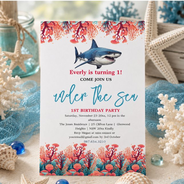 Invitación Fiesta de cumpleaños número 1 Bajo el Mar (Under the Sea 1st Birthday Party Invitation)