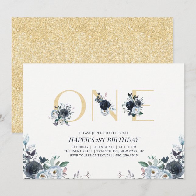 Invitación Fiesta de cumpleaños número 1 Boho floral Navy y d (Anverso / Reverso)