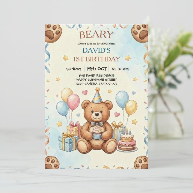 Invitación Fiesta de cumpleaños número 1 boho Teddy Bear Bear (Anverso de pie)