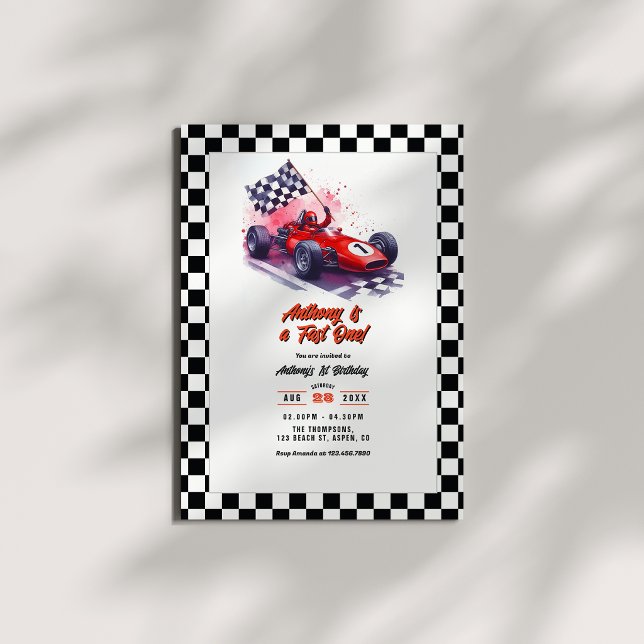 Invitación Fiesta de cumpleaños número 1 "Coche de carreras " ("Fast One" Race Car 1st Birthday Party Invitation)