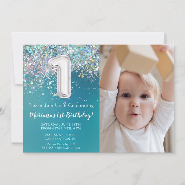 Invitación Fiesta de cumpleaños número 1 con brillo plateado  (Anverso)