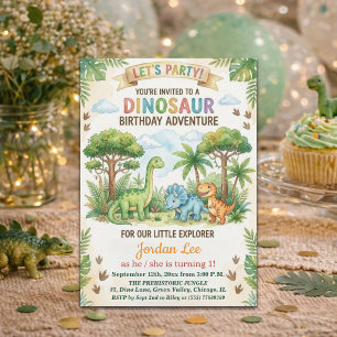 Invitación Fiesta de cumpleaños número 1 con dinosaurios acua