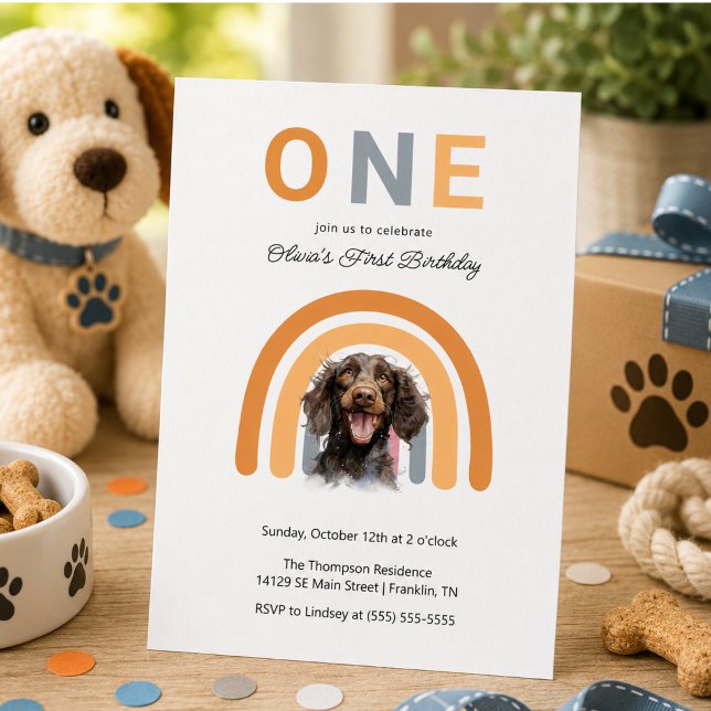 Invitación Fiesta de cumpleaños número 1 con perro adorable a (Adorable Dog Rainbow Watercolor 1st Birthday Party Invitation)