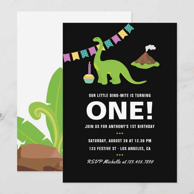 Invitación Fiesta de cumpleaños número 1 con tema de dinosaur (Anverso / Reverso)