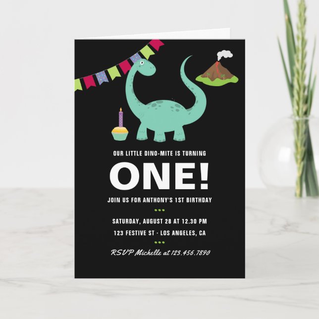 Invitación Fiesta de cumpleaños número 1 con tema de dinosaur (Anverso)