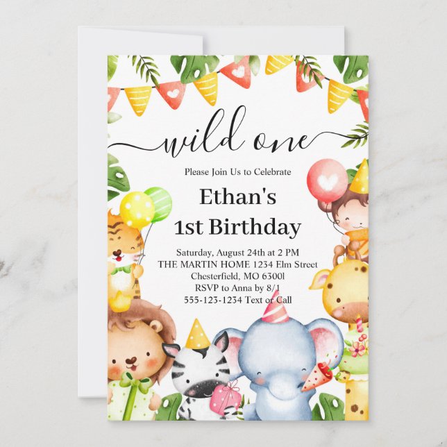 Invitación Fiesta de Cumpleaños número 1 de Animales de Safar (Anverso)