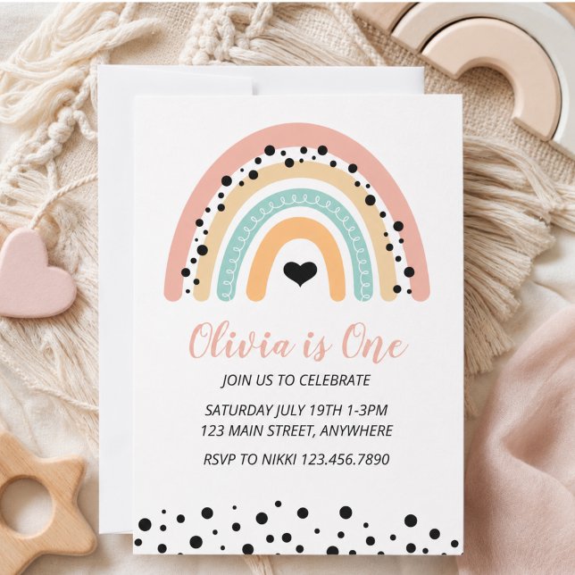 Invitación Fiesta de cumpleaños número 1 de Arcoíris y Corazo (Rainbow & Hearts 1st Birthday Party Invitation)