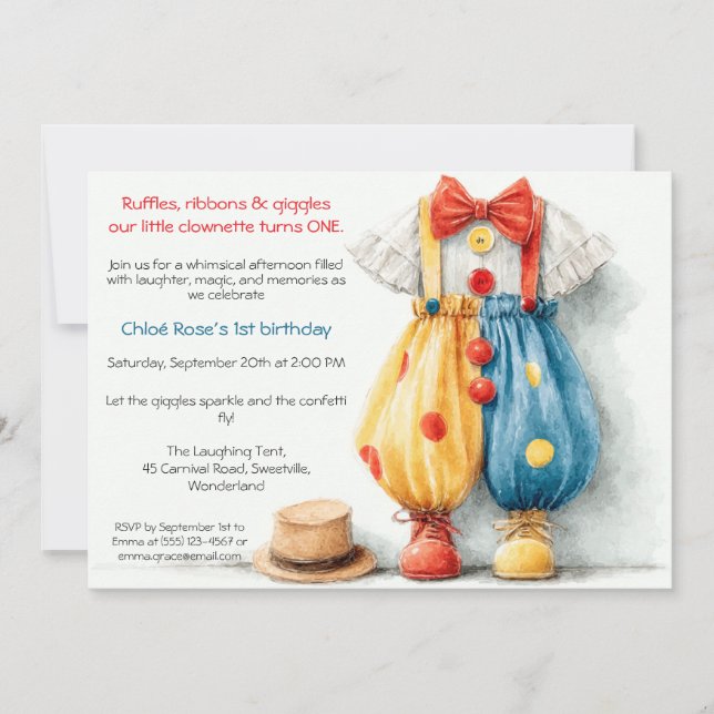 Invitación Fiesta de cumpleaños número 1 de Clownette Couture (Anverso)