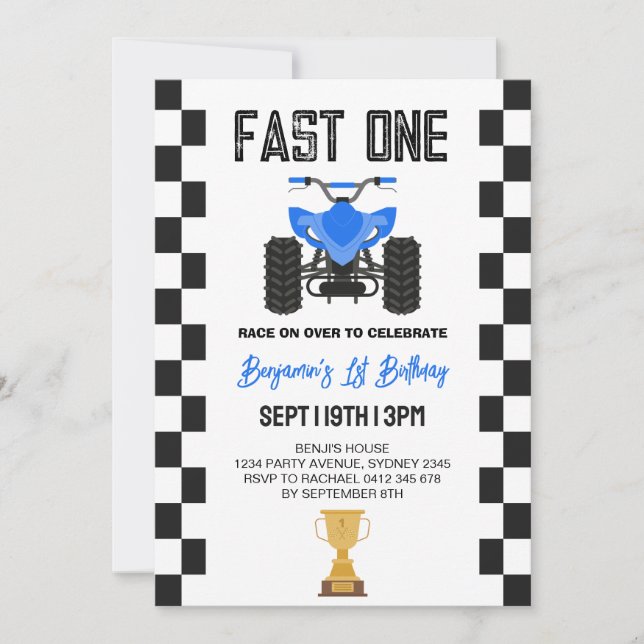Invitación Fiesta de cumpleaños número 1 de cuatrimoto ATV (Anverso)