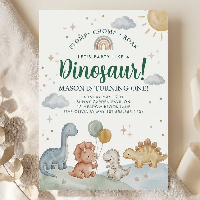 Invitación Fiesta de cumpleaños número 1 de Dinosaurio Rawr C (Dinosaur Rawr Chomp Rawr 1st Birthday Party Boy Invitation)