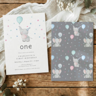 Invitación Fiesta de cumpleaños número 1 de elefante adorable