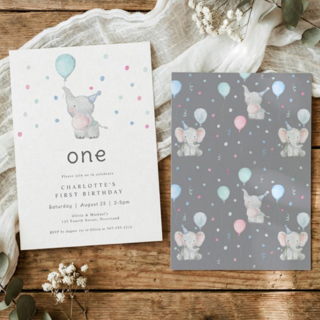 Invitación Fiesta de cumpleaños número 1 de elefante adorable (Watercolor elephant 1st birthday invitation with balloon and pastel confetti on white background)