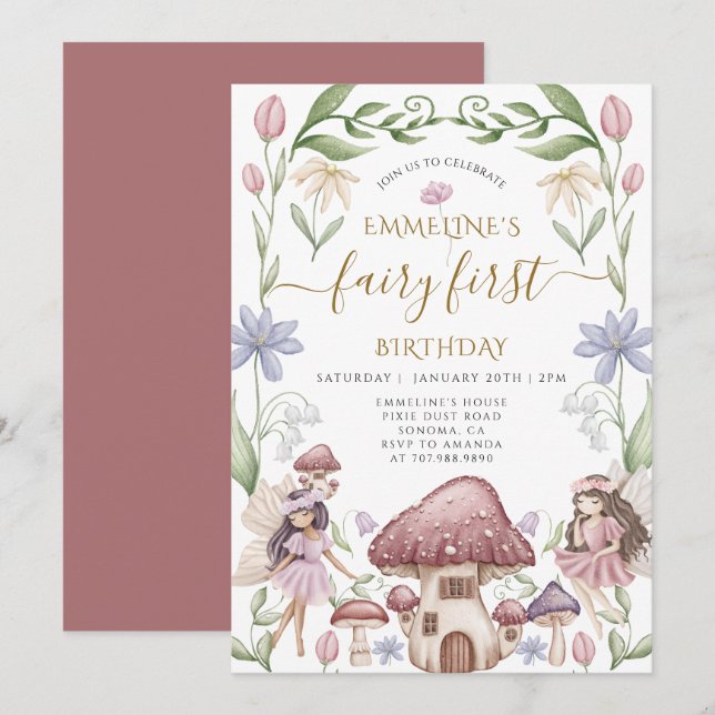 Invitación Fiesta de cumpleaños número 1 de encantadora hada  (Anverso / Reverso)