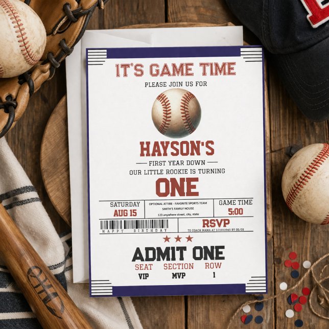 Invitación Fiesta de cumpleaños número 1 de First Year Down B (First Year Down Baseball 1st Birthday Party)