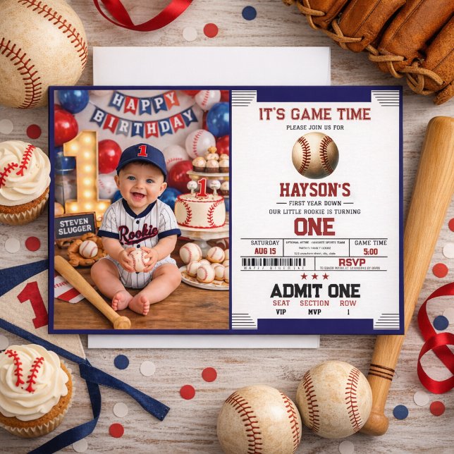 Invitación Fiesta de Cumpleaños número 1 de First Year Down B (First Year Down Baseball 1st Birthday Party)