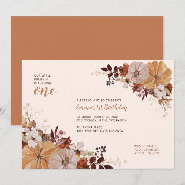 Invitación Fiesta de cumpleaños número 1 de Floral de Otoño y (Anverso / Reverso)